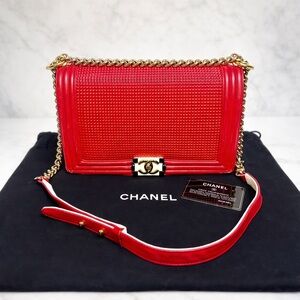 CHANEL Medium Boy Bag Red Waffle Lambskin Gold Hardware – Dust Bag & Auth Card